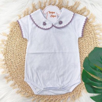 Body gola Bordada manga curta- Duas flores Lilás